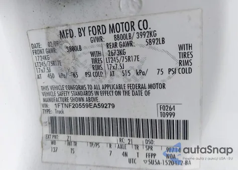 2009 Ford F-250 Xl/Xlt из США, поврежденный, VIN 1FTNF20559EA59279